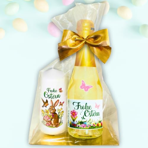 Hochwertiges Geschenkset zu Ostern - Piccolo Beerenperlwein Frohe Ostern mit Kerze Frohes Ostern, Osterhase mit Osterei - Secco Sekt und Stumpenkerze | Osterkerze mit Osterhase Osterei Motiv