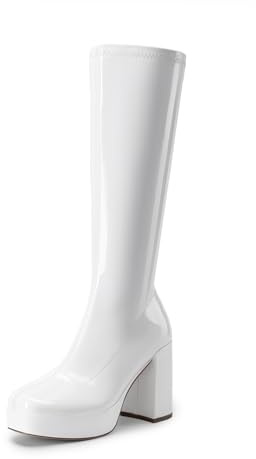 DREAM PAIRS Women's Gogo Knee High Chunky Heel Boots,Size 8,White-Pat