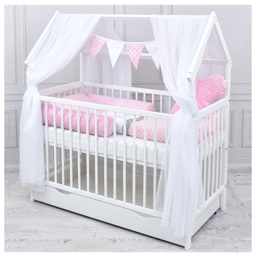 Generisch Baby Delux Babybett Komplett Set Hausbett 60x120 cm weiß Schublade Rausfallschutz Kinderbett Matratze Bettwäsche Deko Set (Princess Stars)