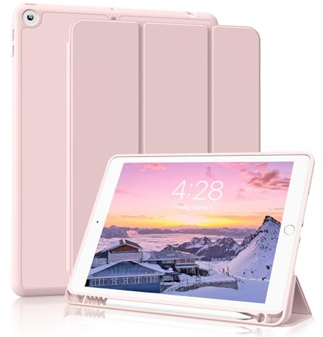 GKABXY Étui pour iPad 9e/8e/7e génération 2021/2020/2019 10,2 Pouces avec Porte-Crayon, Dos en TPU Souple et Support de Protection à Trois Volets, Auto Wake/Sleep pour iPad 10.2 Pouces, Rose
