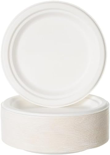 BEST PRODUCTS 400 Platos Caña de Azúcar Desechables Ecológicos Biodegradables Compostables y Reciclables Para Fiestas Cumpleaños Comuniones Redondos Postre Blancos Ø 17 cm