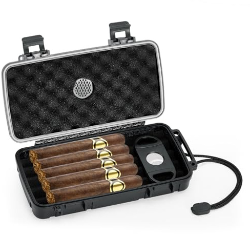 Velfree Cave à cigares de voyage, boîte à cigares portable avec humidificateur et coupe-cigares, étanche, résistante à l'écrasement et hermétique pour 5 cigares, accessoires de cigare, cadeaux pour