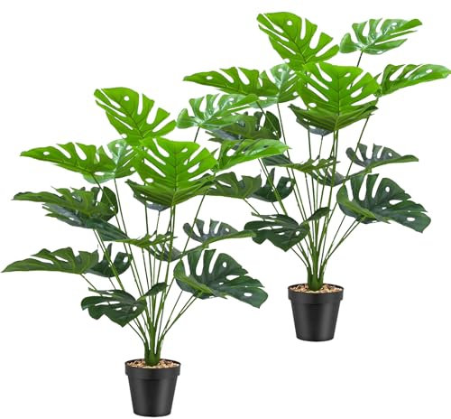 Cnwinu Plantas artificiales de imitación para interiores, 2 unidades, palmera artificial grande de plástico para oficina, hogar, jardín, decoración interior y exterior (monstruo pequeño)