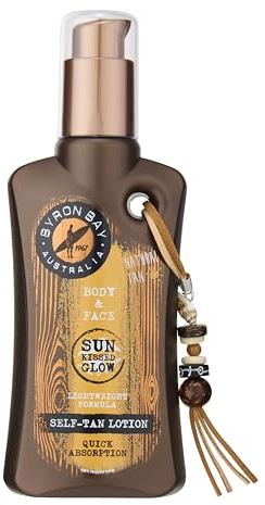 Byron Bay Australia Lotion Autobronzante – Sans SPF, Sans Soleil, Visage & Corps, Bronzage Naturel et Uniforme, Absorption Rapide, Légère Non Grasse, Bronzage Progressif – 200ml