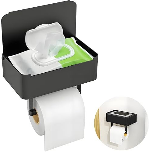 Toilettenpapierhalter mit Feuchttücherbox, Gypie Toilettenpapierhalter Ohne Bohren, Klopapierhalter Schwarz, 304 Edelstahl Klorollenhalter, Wc Papier Halterung für Badezimmer, Selbstklebend or Bohren