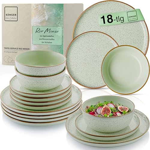 SÄNGER Rio Menta | Servizio da tavola 18 pezzi, stoviglie in gres porcellanato, 6 piatti piani, 6 piatti da dessert, 6 ciotole e ciotole verde menta | Value Collection