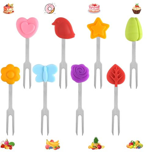 Forchette da frutta in acciaio inox, mini piekser finger food per bambini, riutilizzabili con decorazione in silicone, per frutta, torte e dim sum