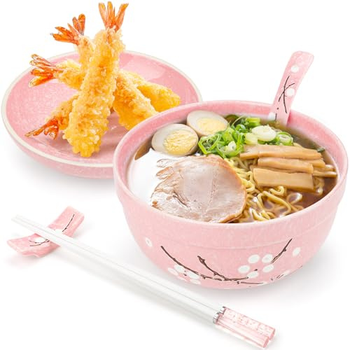 GIOVARA keramisk ramen skål (800 ml) med lock, sked och ätpinnar, keramisk ramskål-set, keramiska skålar för pastasoppa, praktiskt set för kök, kontor, camping