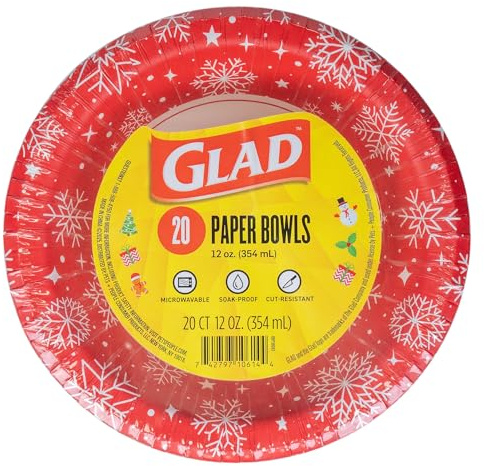 Glad Everyday Disposable Paper Bowls with Holiday Red Snowflake Design - Heavy Duty, Microwavable Paper Bowls for Everyday Use - Red Snowflake Holiday Design - 12 Ounces, 20 Count