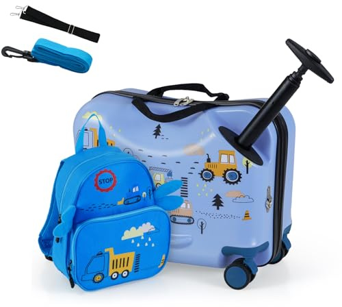DREAMADE Valise Roulette Enfant 18 et Sac à Dos 12 avec Bandoulière Réglable Bagage Cabine Enfant 3+Ans avec Roues Pivotante 360° Bagage à Main Fille et Garçon Charge 50KG+8KG (Voiture Bleu)