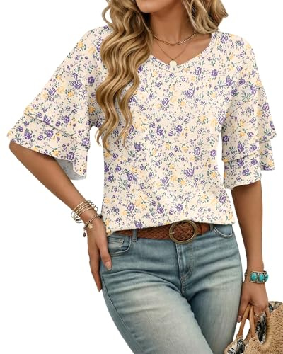 WNEEDU Magliette Donna Manica Corta T-Shirt Collo a V Camicia Estiva | Magliette Donna Manica Corta, Blusa Donna Estiva, Design Elegante a Collo a V, Maniche con Finitura in Pizzo