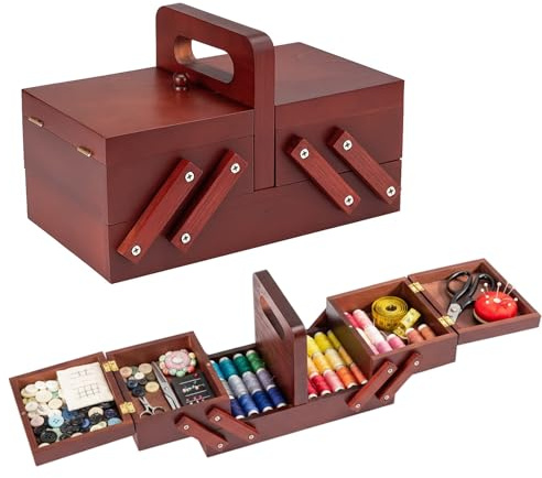 SUNNYNEST Wooden Sewing Box Expandable Storage Box Sewing Kit Storage Box with Handle for Embroidery Kits, Quilting Supplies, Cross Stitch Kits