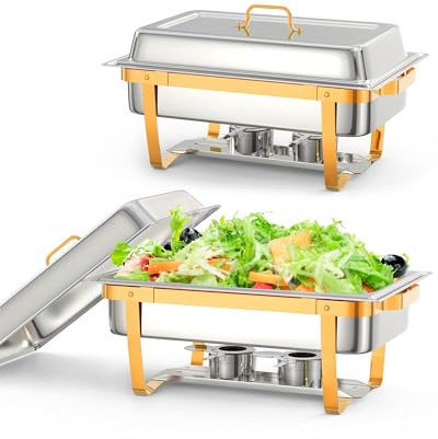 Buffet-Servierer Rund Speisenwärmer 2pcs Set, 9 l Runde Schalen Mit Deckelhalter, Edelstahl-Warmhalteplatten Und Speisenwärmer Inklusive Löffel Und Zange Für Partys, Hochzeiten, Events, Bankette, Gold