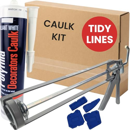 Caulking Gun Kit with White Decorators Caulk (290ml) – Heavy Duty Open-Frame Sealant Gun, 4 Caulk Smoothing Tools & Saver Cap – For Gaps & Cracks Around Skirting, Doors & Windows