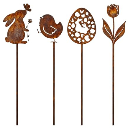 QijAOPD Osterdeko Outdoor Gartenstecker Ostern 4er Set, Metall Blumenstecker Mit Hase Küken Blume & Ei, Gartendeko Frühling Für Balkon Garten Outdoor, Ca. 30 cm, Ostern Deko