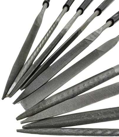 Ncheli Set di 10 lime Ncheli per modellismo : lima piatta, triangolare, tonda, quadrata, semitonda – 4 mm × 160 mm in acciaio al carbonio di buona qualità, impugnatura in PVC morbida e antiscivolo