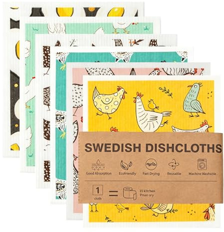 6-pack Svenska Disktrasor, Komposterbara och Återanvändbara Hushållsark, Snabbtorkande och Luktfria Disktrasa för Diskning (Kyckling)