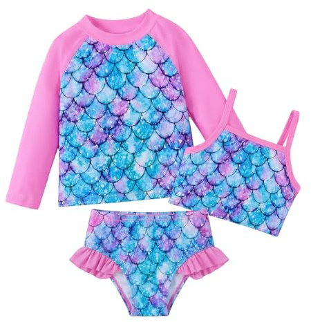 Supcomsta Girls 3 Piece Bikini Set, UPF 50+ Mermaid Scale Swimwear, Quick Dry Kids Tankini Rash Guard Swimsuit for Beach Pool Swimming