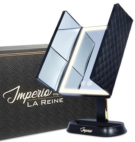 Imperio Luxurious Gold Trifold Vanity Mirror with 60 LED Lights, Dimmable, 5X & 7X Magnification, Portable & Rechargeable Makeup, Light for Dressing Table - LED, Magnifying Desk