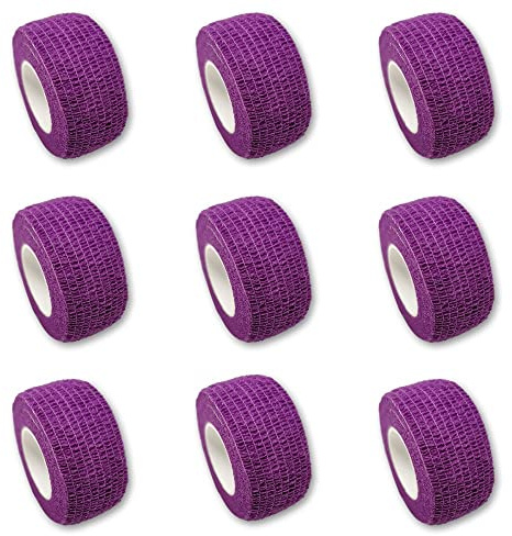 Set med 9 fingerbandage | plåsterbandage | plåster utan lim – färgval – 2,5 cm x 4,5 m – elastisk, vattenavvisande, sammanhängande (lila)