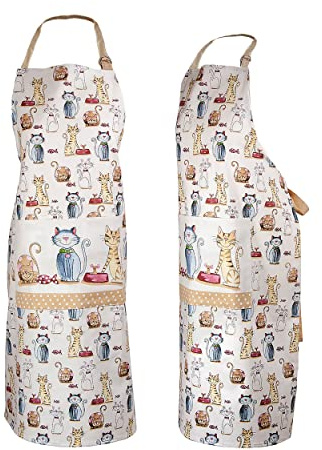 SPOTTED DOG GIFT COMPANY Kochschürze Damen, Küchenschürze mit süß Katzenmotiv 100% Baumwolle, Schürze Verstellbar mit Tasche, Katze Küchenzubehör und Deko, Geschenk für Katzenliebhaber Frauen