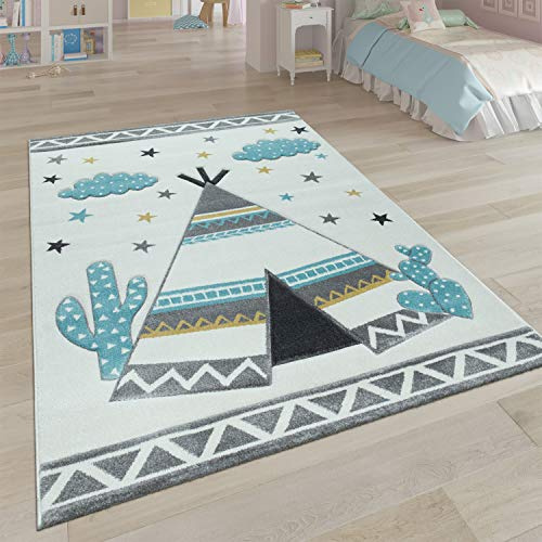Paco Home Kinder-Teppich, Kinderzimmer Pastell Farben, Indianer-Zelt Motiv 3-D, in Cream Grau, Grösse:200x290 cm