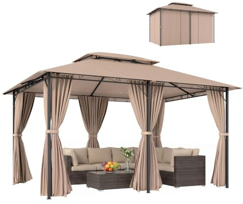 Outsunny Gazebo da Giardino 4x3 m con 6 Pareti Rimovibili, Gazebo da Esterno con Doppio Tetto, Fori di Drenaggio, Struttura in Acciaio, per Giardino Terrazzo Feste Patio, Cachi