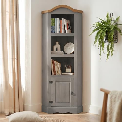 Mercers Furniture Corona Grey Wax Corner Display Unit 1 Door Bookcase Cupboard Shelving Unit Solid Wood Mexican Pine Wooden Rustic Dresser 188cm High. 74cm Wide. 37cm Deep.