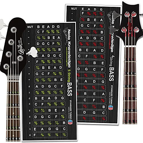 4 & 5 Saiten Bass Gitarre Note Karte Decals/Sticker Combo Pack zum Lernen von Notenplatzierung, Waagen und Akkorden auf der Bassgitarre.
