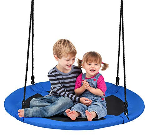 DREAMADE Altalena a Nido Rotondo, Altalena da Giardino per Bambini/Adulti, Altezza Regolabile 100-160 cm, Grande Sedile Diametro 100cm, Carico 150 kg,Telaio in Metallo,per Interno/Esterno (Blu)