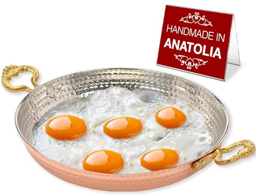 Hakan Sartén de chef redonda de cobre, estilo otomano tradicional, hecha a mano, diseño auténtico Sahan de cobre martillado, sartén de tortilla de huevo turco, 8.6 pies
