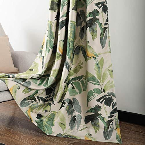 Leeva Linen Blackout Curtains for Dining Room, Thermal Insulated Trees Pattern Print Window Treatment Darkening Curtains for Living Room, Set of 2 Panels, Green, 52x63