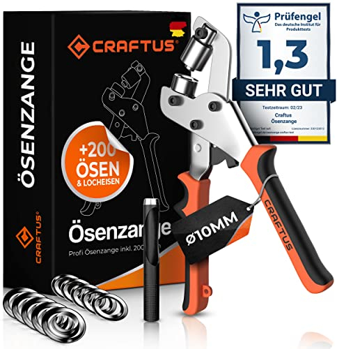 CRAFTUS® Profi Ösenzange Set mit 200 rostfreien Ösen (Ø 10mm) I Magnetische Ösenpresse aus gehärtetem Stahl für Stoffe & Planen I Ösenstanze für Planenösen & Metallösen