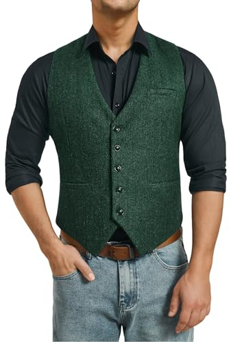 HISDERN Herr Tweed Väst Casual Vintage Herringbone Väst för Män Formell Ull Kostymväst till Bröllop och Affärer Grön XS