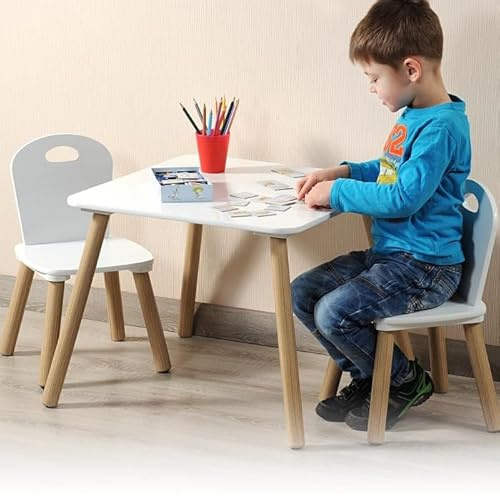 Mdf Barnbordsset med 2 stolar | FSC-godkänd sittgrupp | träbord inklusive 2 x barnstol | Avm: Bord 55 x 45 x 55 cm | Avm: stol 27 x 53 x 27 cm | 3 – Delig set | Färg: VIT