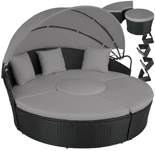tectake® Isola Prendisole in Rattan Santorini, Isola Divano con Tettuccio Parasole Pieghevole, Morbidi Cuscini per Seduta e Schienale, Componibile, Resistente ai Raggi UV - Nero/Grigio