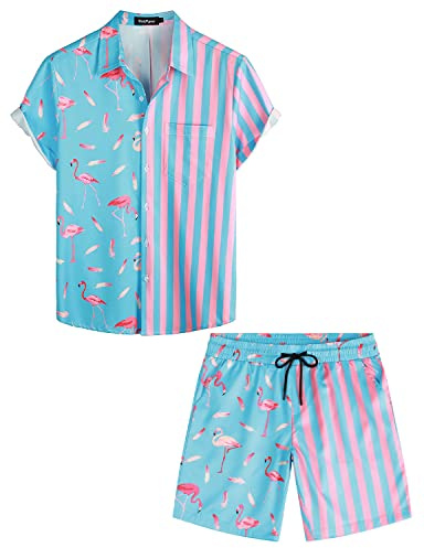 VATPAVE Herren Flamingo Hawaii 2 Teiliges Sets Kurzarm Strand Outfits | Hemd und Shorts, Sommer-Strand-Sets, Hippie, Festival, Urlaub, Party, Date, Rave, 2-teilig, Resort, Festival