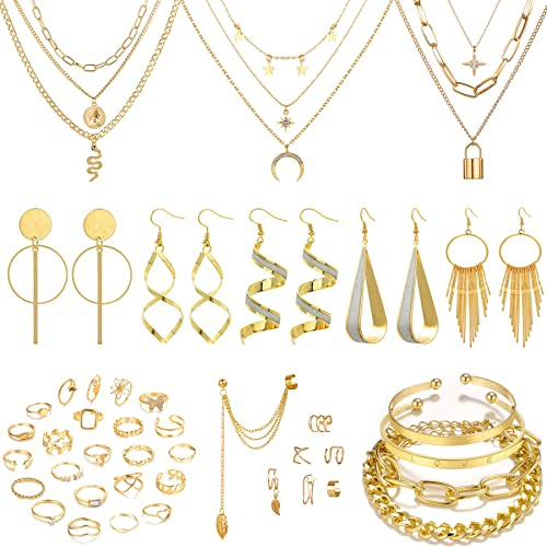 VELESAY Schmuck Set für Damen Vintage Gold Kette Punk Fingerringe Geschichteten Mehrlagige Halsketten Damen Goth Stapelbare Midi Ringe Gold Set Damen Armbänder Gold Set Layer Kette Damen Gold