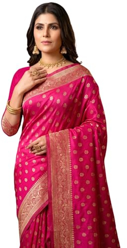 C J Enterprise Sari Banarasi de seda pura Kanjivaram para mujer con blusa para boda (Pari124-11), Rani Rosa, talla �nica