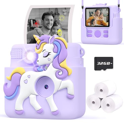 Kids Camera Instant Print Gifts for Girls Age 4-12, Instant Camera for Kids with Silicone Cover, 1080P Kids Digital Camera Toys for 3 4 5 6 7 8 9 10 Years Old Girls 32GB Card Lilac