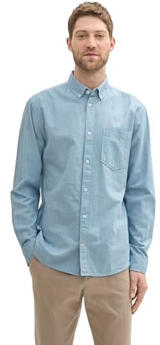 TOM TAILOR herr regular fit skjorta med logotypbroderi på bröstfickan, 36442 - Tropisk Teal Chambray, XXL