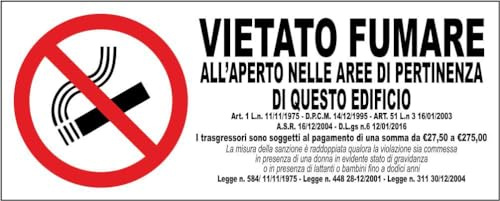 M-ITALY CARTELLO SEGNALETICO UNI - Vietato fumare all'aperto nelle aree di pertinenza - Adesivo Extra Resistente, Pannello in Forex, Pannello In Alluminio (30x12, Alluminio)