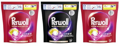 PERWOLL All-in-1 Caps-Set 3x 19 Waschladungen (57WL) 1x Black & 2x Color, All-in-1 Waschmittel Caps-Set reinigen sanft und erneuern Farben & Fasern, mit Dreifach-Renew-Technologie