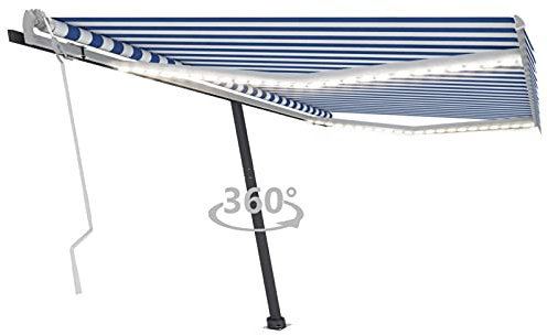Rantry Casa Tenda da Sole Retrattile Manuale Tende da Sole per Balconi Tenda da Sole a Bracci Estensibili Tenda da Sole Esterno Tenda da Sole Esterno a Caduta con LED 400x300cm Blu e Bianca Decor