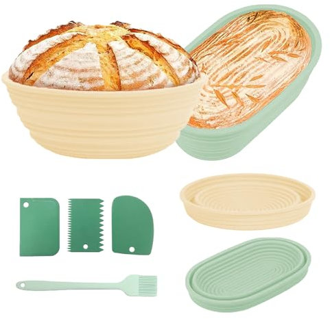Yallmie 6 Piezas Cesta de Fermentación para Pan, 22cm+26cm Plegable Redondo y Ovalado Banneton de Silicona con Rascador y Cepillo de Aceite, Cesta para Pan de Masa Madre para Hornear (Verde)