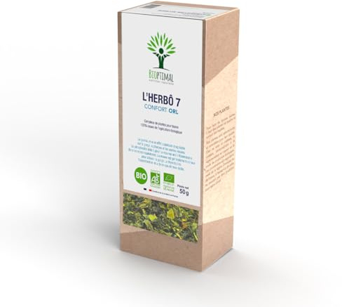 BIOPTIMAL - Infusion Bio L'Herbô 7 - Confort ORL - Tisane de Citron, Guimauve, Mauve, Pin et Thym - Complexe de Plantes pour Oreilles, Nez, Gorge, Glandes Salivaires - Fabriqué en France - 50g