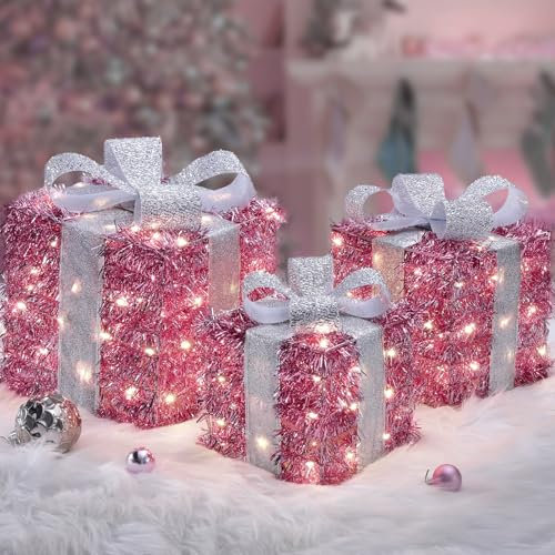 Quntis Scatola Regalo Rosa con Luci Decorazione di Natale, 140LED Pacchi Regalo Luminosi Natale, Set di 3 Luci Scatole Decorazione per Interni/Esterni per L'Albero di Natale/Decorazione Natalizia