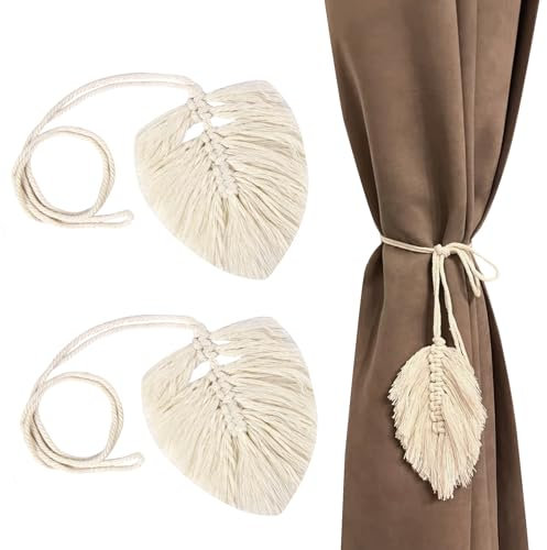 ZoeWei Vorhang Raffhalter, 2 Stück Boho Vorhang Zugband, Handgefertigt Raffhalter Gardinen mit Blattförmiger Macramee Gardinenhalter für Haus, Büro, Wohnzimmer, Schlafzimmer Deko (Beige)