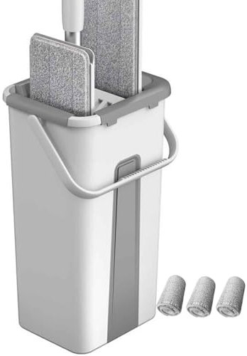 DSFGRTJ Balai Microfibre Et Seau Essoreur avec 3 Serpillères Réutilisables Serpillière Plat Rotatif 360° Et Seau Auto-Lavage pour Nettoyage du Sol(White)