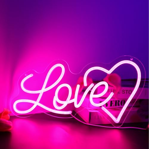 LOVE Neon Sign, Light up Love Neon Signs for Room Wall USB Powered | Love Sign Dimmable Pink Heart Neon Signs for Bedroom Home Wedding Wall Pink Valentines Neon Wall Signs Hanging Decor Gift
